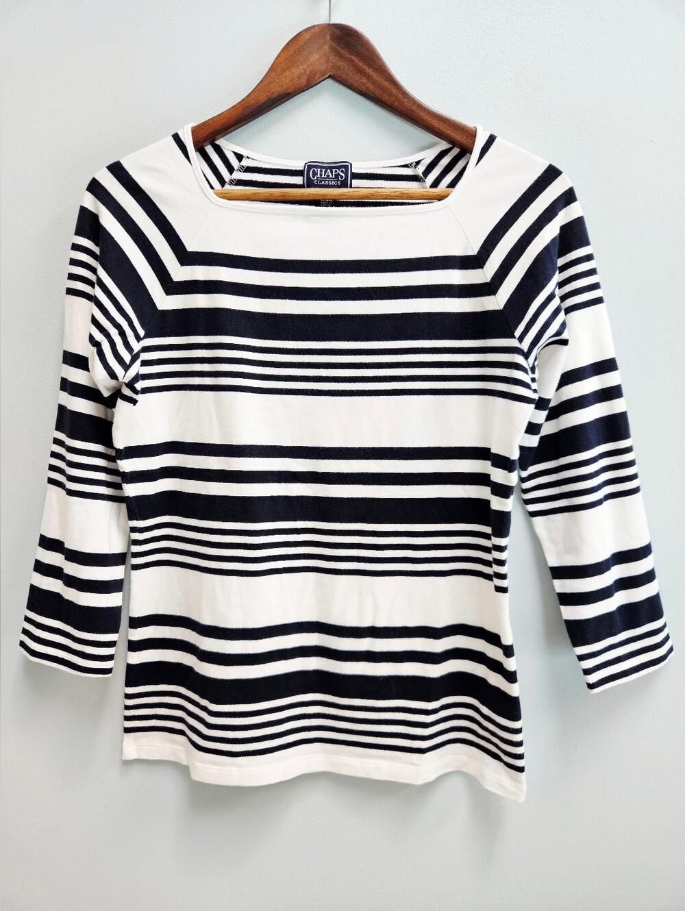 Chaps Square Boatneck Navy & White Striped 3/4 Sleeve Top
